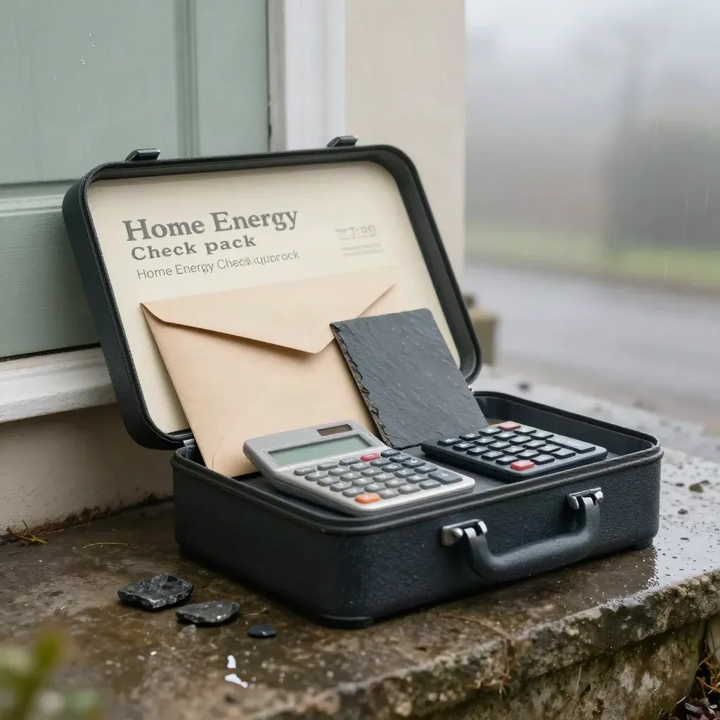 Cream Home Energy Check Pack kit on wet slate with calculator, envelope and roof-slate sample in mist.