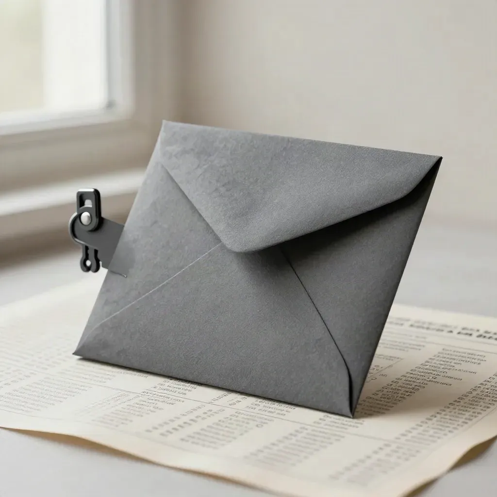 Charcoal energy quote pack, envelope and clip on ash linen, cut by a diagonal beam of light.