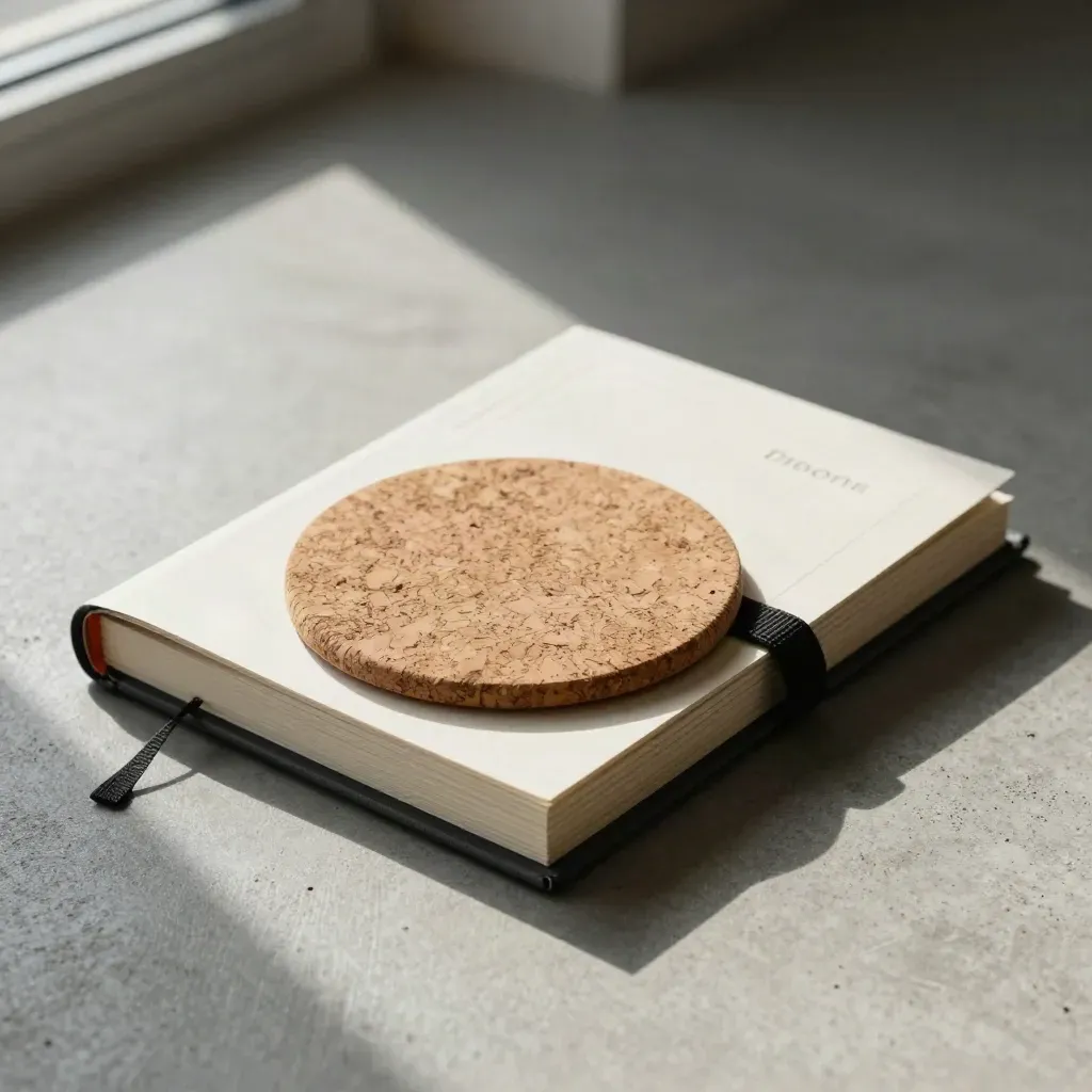 Low-angle carbon plan binder, cork sample and recycled card swatches on brushed concrete.