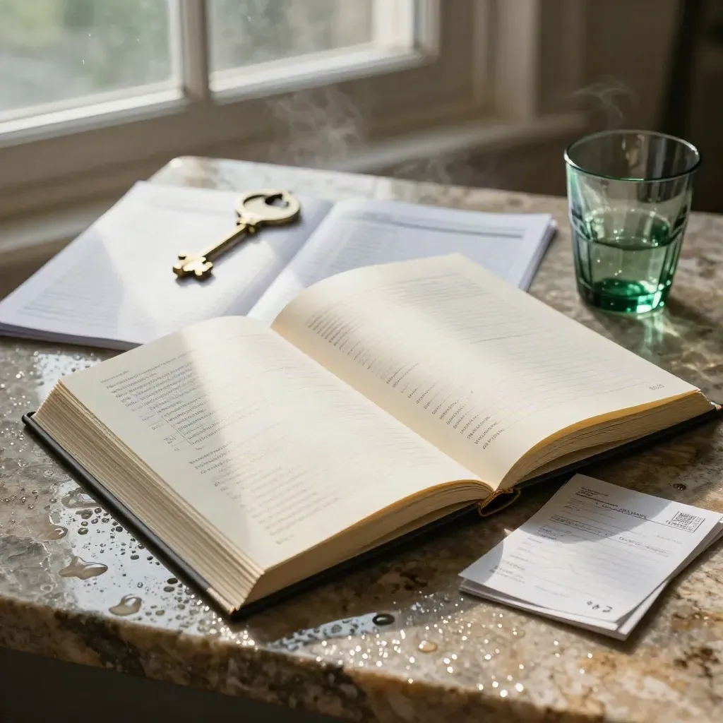Open energy bill audit folio with folded statements and green glass on wet limestone in bright rainlight.