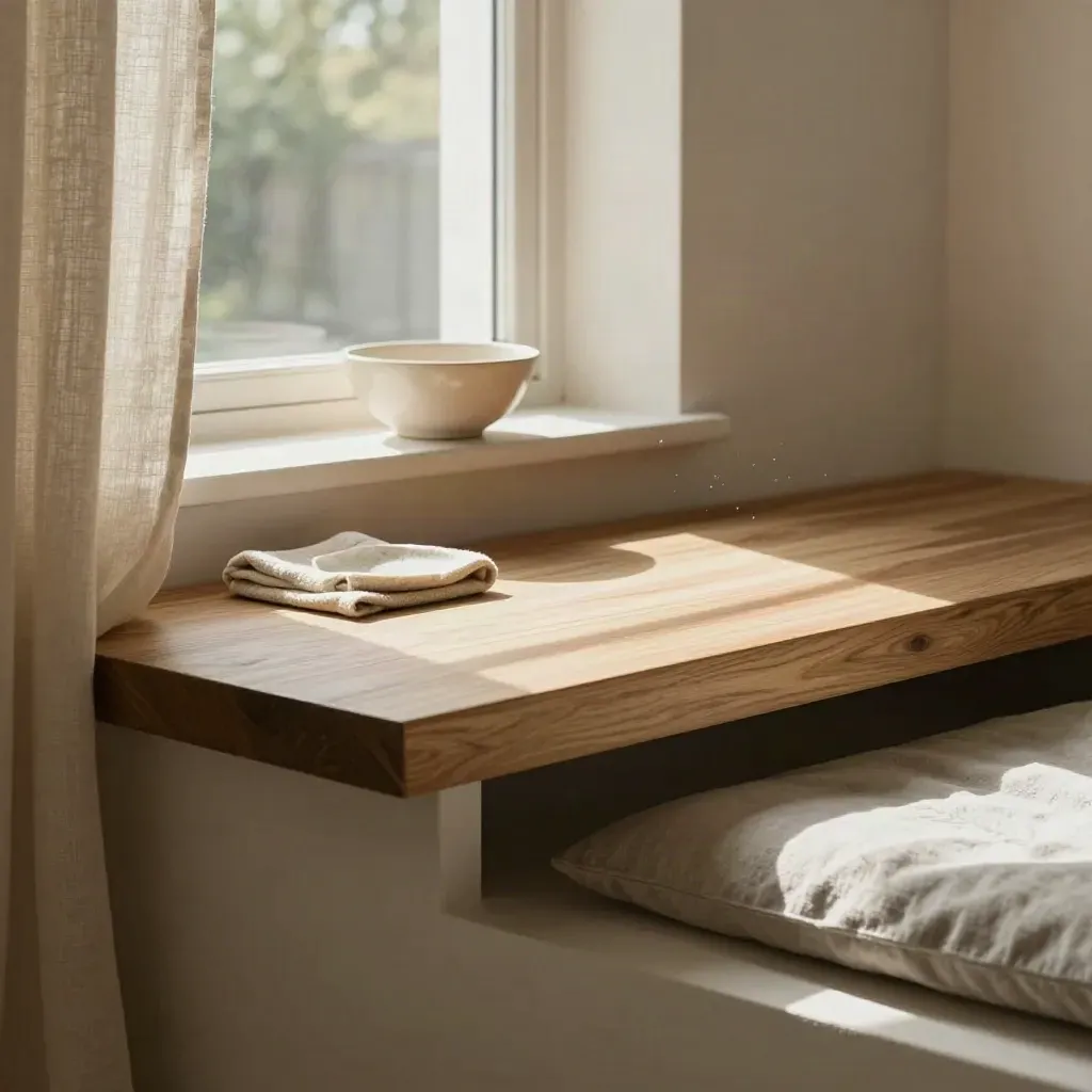 Sunlit oak window seat with linen curtain, ceramic bowl, and calm copy space.